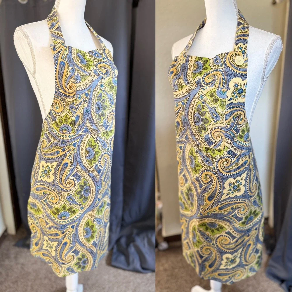 April Cornell Apron Womens One Size Blue Green Paisley Floral Cotton Kitchen